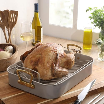 Gibson Home Broxton 2-Piece Nonstick Roaster Pan with Rack – 16 x 12 Inch Taupe Turkey Roasting Pan with Cast Aluminum Gold Handles – Oven-Safe, Easy-Clean, Holiday Cookware