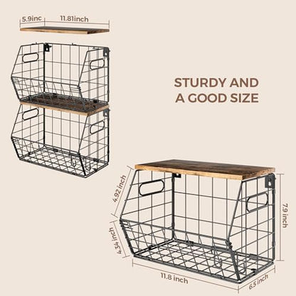 Delamu Stackable Metal Fruit Basket with Wood Lid 3 Pack, Hanging Wall Organizer for Kitchen Counter, Pantry Storage for Onions, Potatoes, Garli, Fruits, Spices, Black