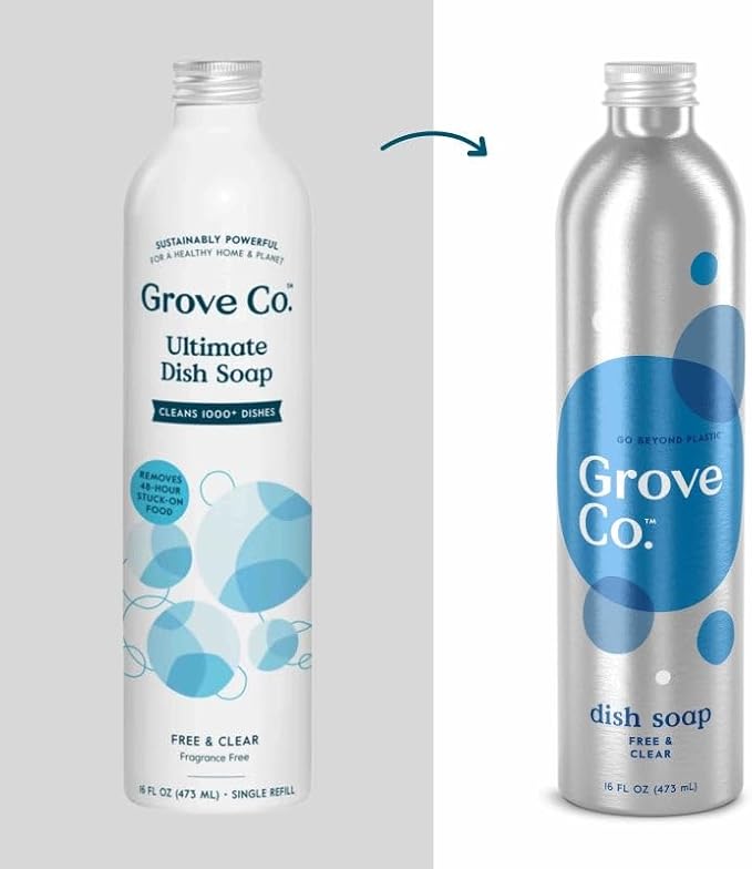 Grove Co. Dish Soap, 3 x 16 fl oz Refills + Refillable Glass Dispenser | Free & Clear; Plastic-Free; Reusable dispenser; Refill format; Removes Stuck on Food; 98% plant-based ingredients