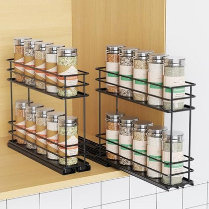 Mystozer Pull Out Spice Rack Organizer for Cabinet, Slide Out Spice Racks, Easy to Install Spice Cabinet Organizers, 5.2" Wx10.43 Dx8.26 H, 2 Packs 2 Tiers(Black)