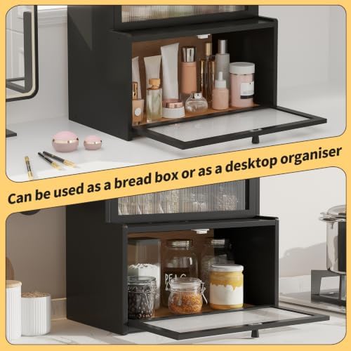 Double Layer Bamboo Bread Box for Kitchen Counter,Bread Holder,Countertop Bread Storage with Window (Black)