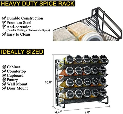 SpaceAid Spice Rack Organizer with 20 Spice Jars, 386 Spice Labels, Chalk Marker and Funnel Set for Cabinet, Countertop, Pantry, Cupboard or Door & Wall Mount - 20 Jars, 9.8" W × 10.8“H, Black