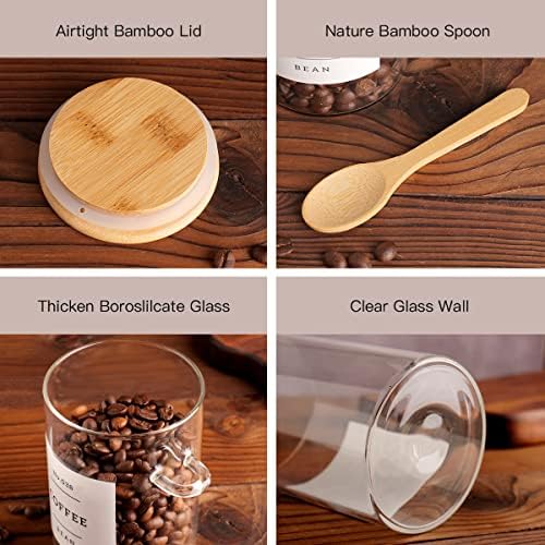 CZZGSM Glass Jar with Bamboo Lid and Spoon - 4 Pcs 17 oz Sugar Container with 132 Food Pantry Labels - Glass Containers with Wooden Lids Hold Coffee, Tea, Candy