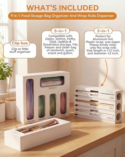 Bamboo Foil and Plastic Wrap Organizer for Kitchen Drawer, 9 in 1 Plastic Bag Organizer Organization and Storage, Food Storage Bag Organizer with Labels for Quart Gallon Snack (White)