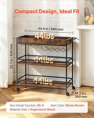 VEVOR Bar Cart with Wheels, Large Wide 3-Tier Rolling Serving Cart, 34.64-Inch Beverage Station with Wine Rack, Glass Holder and S Hooks for Home Kitchen, Rustic Brown and Black