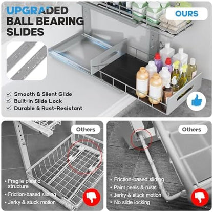 Under Sink Organizer Upgrade To Professional Rails,2-Tier Dual Pull Out Cabinet Storage,Height Adjustable Slide Out Drawers For Bathroom Kitchen,2 Pack-16.7"Dx12.8"-16.9"H,Gun Gray