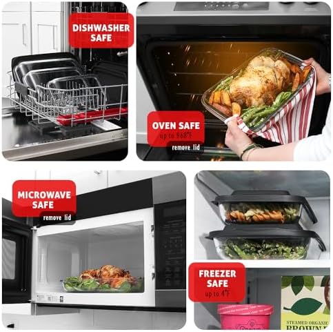 EATEX 8-Piece Deep Glass Casserole Dishes for Oven with Plastic Lids, Glass Baking Dishes for Oven, Rectangular Bakeware for Lasagna, Cooking, Leftovers, Kitchen, Freezer to Oven Dishwasher Safe