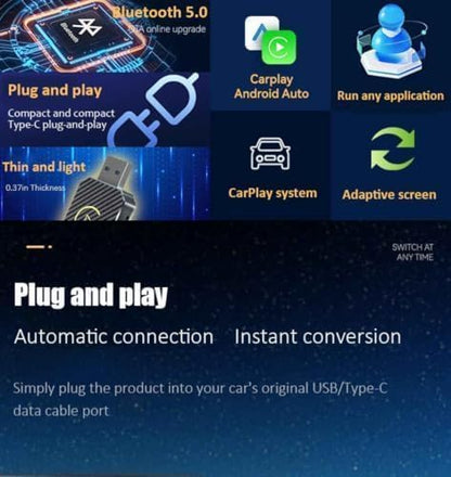 Wireless CarPlay Adapter 2-in-1 for Toyota Camry Business/Dynamic/Executive, USB Design Plug and Play Bluetooth Fast Connection Car Accessories