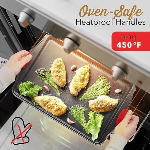 Eatex Nonstick Baking Sheet Set, 3-Piece Baking Pans Set with Silicone Handles, Carbon Steel Cookie Sheets for Baking, Commercial Grade Quality Oven Tray, Quarter/Jelly Roll/Half Sheet Pans for Baking