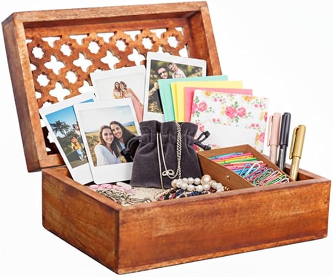 Mela Artisans Wooden Keepsake Box | Medium Polish Mango Wood Memory & Photo Storage Box with Hinged Lid | Decorative Storage Box | Large | 9x6x3.5 Inch