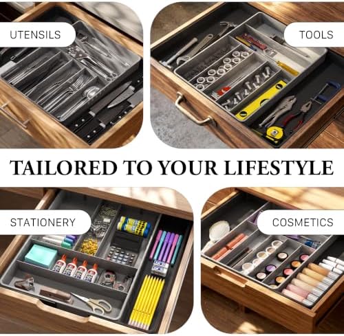 Simple Houseware Expandable Kitchen Drawer Flatware Organizer, Black/Gray