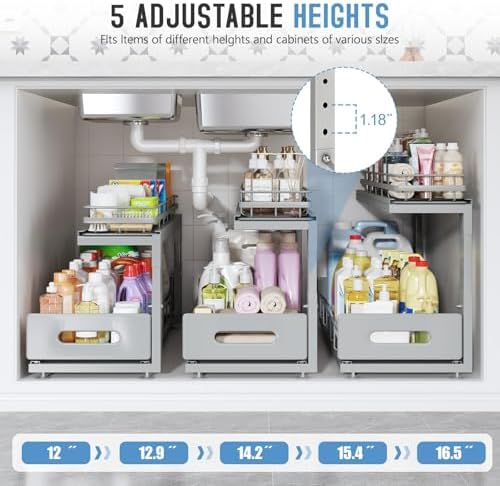 Under Sink Organizer Upgrade To Professional Rails,2-Tier Dual Pull Out Cabinet Storage,Height Adjustable Slide Out Drawers For Bathroom Kitchen,2 Pack-21"Dx12.8"-16.9"H,Gun Gray