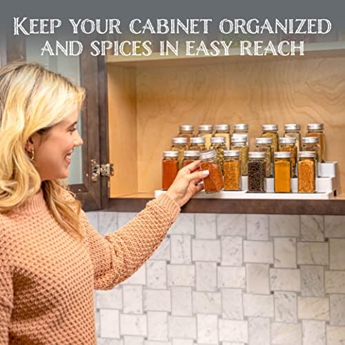 Oizeir Plastic 3-Tier Expandable Spice Rack, Adjustable Length, Stability with Non-Skid Shelf, For Easy Visibility, Organizer for Kitchen Cabinet, Pantry or Countertop, (2-Pack), White/Grey