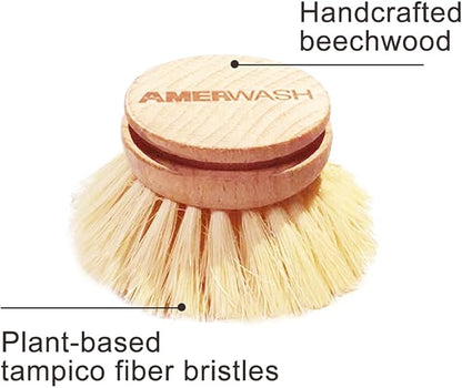 AMERWASH PLUS Classic Dish Brush Replacement Head 3 Packs, Natural Bristle