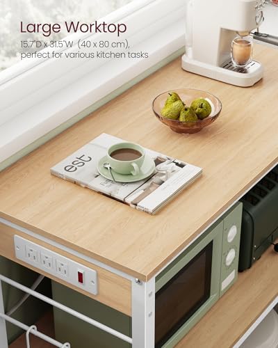VASAGLE Kitchen Island with Power Strip, 3-Tier, 6 Hooks, Metal Frame