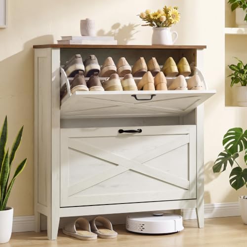 VASAGLE Farmhouse Shoe Cabinet, Narrow Storage Organizer, 2 Flip Drawers