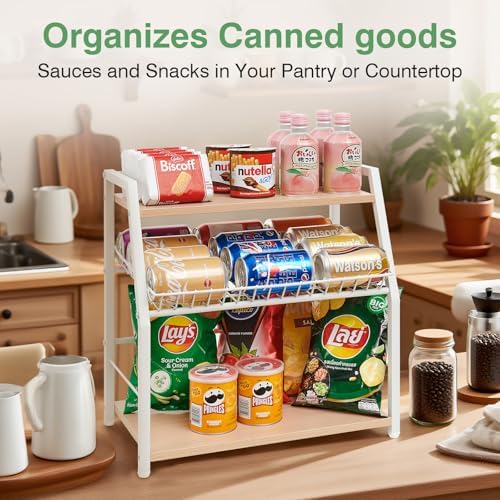 Kitchen Countertop Organizer, 3 Tiers Snack Organizer Wooden Candy Display Stand Coffee Station Organizer, Counter Storage for Soda Cans Condiment Tea, for Pantry Office (White)