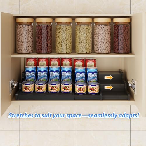 3-Tier Expandable Bamboo Can Organizer for Pantry, Holds 24 Cans, Black