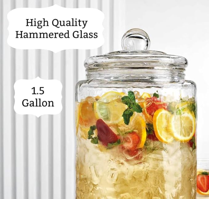 2 PACK 1.5 Gallon Drink dispenser, Classic Hammered Glass Beverage Dispenser