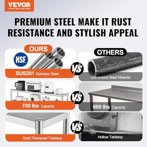 VEVOR Double Tier Stainless Steel Overshelf, 12 x 72 Inch Double Deck Height Adjustable Prep Work Table for Kitchen, Restaurant and Workshop