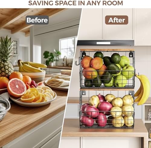 Delamu Stackable Metal Fruit Basket with Wood Lid 2 Pack, Hanging Wall Organizer for Kitchen Counter, Pantry Storage for Onions, Potatoes, Garlic, Fruits, Spices, Black