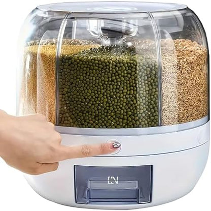 Rotating grain storage container,rice dispenser,6-compartment rice container, 360° rotating food dispenser One-Click Output rice Storage Round Grain Dispenser Kitchen for Grains, Beans, Rice.