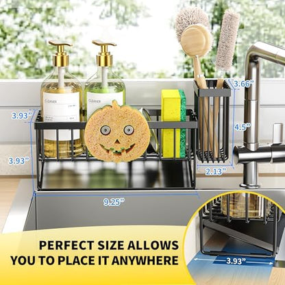 Cisily Kitchen Sink Caddy Organzier with High Brush Holder, Sponge Holder for Sink, 304 Rustproof Stainless, Kitchen Countertop Soap Dispenser Organizer (Black With Smiley Face Holder, 9.25″)