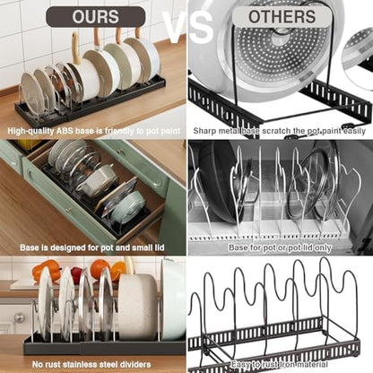 Magheo Expandable Food Storage Container Lid Organizers, 22" Pots and Pans Organizer Under Cabinet with 9 Adjustable Dividers Pot and Pan Lid Holders Rack Inside Cabinet(Black,1 Pack)