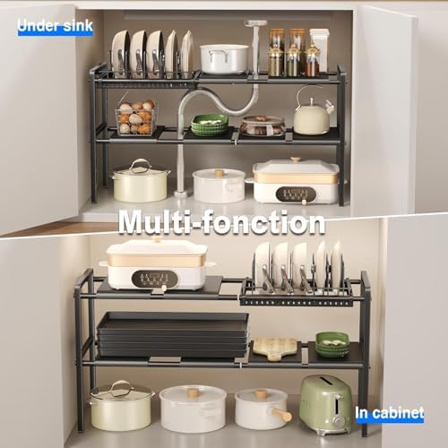 Mustorn Pots and Pans Organizer Under Cabinet, Expandable 2 Tier Under Sink Organizers and Storage Adjustable Height Kitchen Pot and Pan Lid Holder Rack with 6 Dividers(6panels,1 Pot rack, Black)