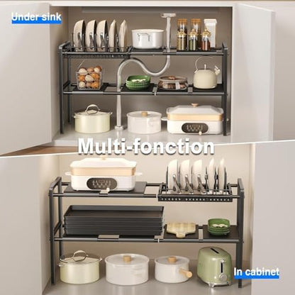 Mustorn Pots and Pans Organizer Under Cabinet, Expandable 2 Tier Under Sink Organizers and Storage Adjustable Height Kitchen Pot and Pan Lid Holder Rack with 6 Dividers(6panels,1 Pot rack, Black)