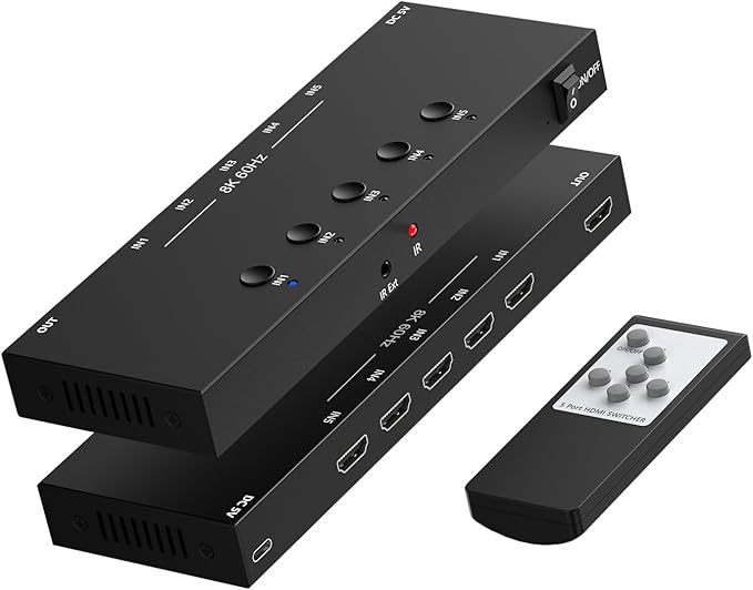 8K@60Hz HDMI 2.1 Switch 5 in 1 Out, 48Gbps Ultra HD 4K 120Hz, HDR10/Dolby Vision