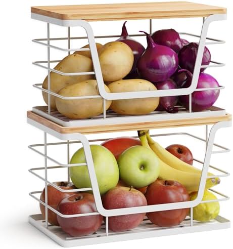 ALOCEO 2 Pack Potato and Onion Storage Bins, Large Trash Bag Holder Under Sink with Bamboo Top, Stainless Steel Pantry Organizers Storage, Kitchen Counter, White