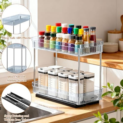 DABIGE 3 Pack Pull Out Spice Rack Organizer for Cabinet, 2 Tier Slide Out Spice Racks Organizer, Spice Cabinet Organizers, Cabinet Size Need:12'' High x 11'' Deep x 5'' Wide, Clear Acrylic
