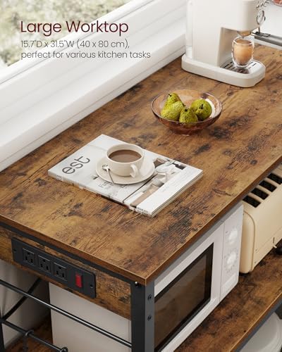 VASAGLE Kitchen Island with Power Strip, 3-Tier, 6 Hooks, Metal Frame
