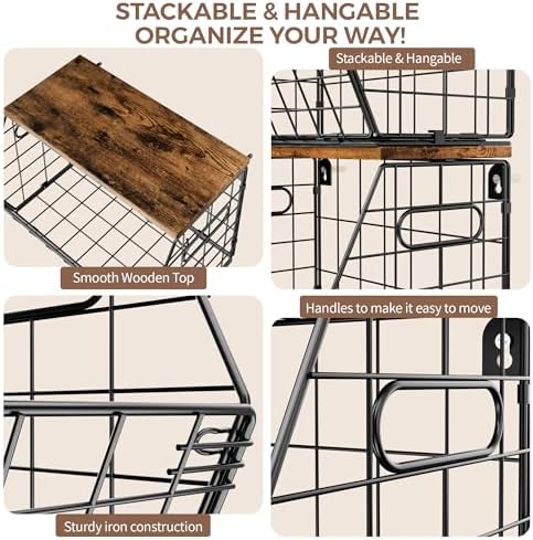 Delamu Stackable Metal Fruit Basket with Wood Lid 3 Pack, Hanging Wall Organizer for Kitchen Counter, Pantry Storage for Onions, Potatoes, Garli, Fruits, Spices, Black