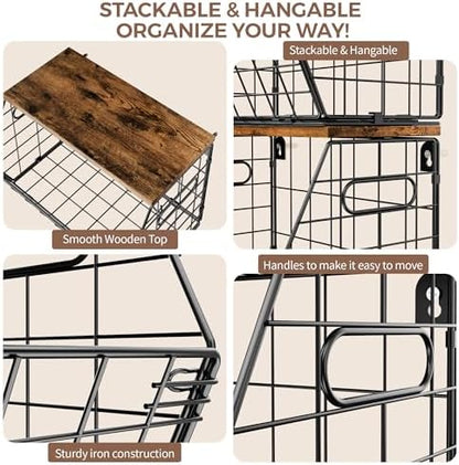 Delamu Stackable Metal Fruit Basket with Wood Lid 3 Pack, Hanging Wall Organizer for Kitchen Counter, Pantry Storage for Onions, Potatoes, Garli, Fruits, Spices, Black