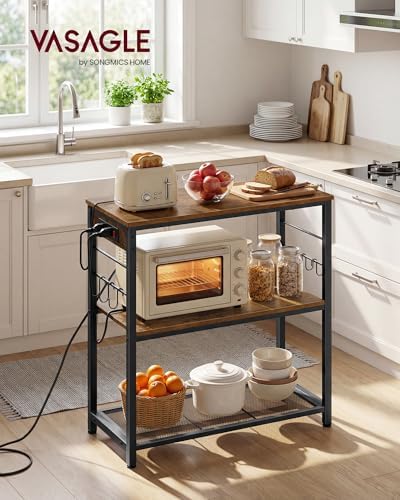 VASAGLE Kitchen Island with Power Strip, 3-Tier, 6 Hooks, Metal Frame