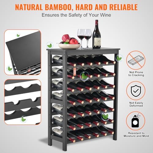 VEVOR 42 Bottle Modular Wine Rack, 7-Tier Solid Bamboo Wood Storage Racks with Table Top, Floor Freestanding Wines Holder Display Shelf, Wobble-Free Shelves for Kitchen, Bar, and Cellar (Black)