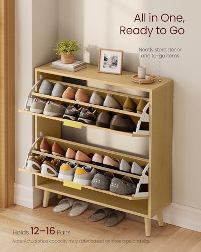 VASAGLE Shoe Storage Cabinet with 2 Flip Drawers, Narrow, Fits 12-16 Pairs