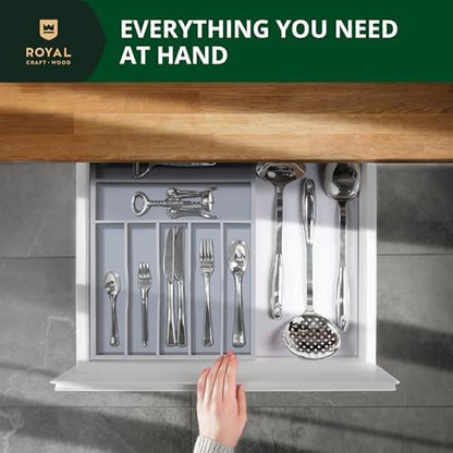 ROYAL CRAFT WOOD Luxury Bamboo Kitchen Drawer Organizer - Silverware Organizer - Utensil Holder and Cutlery Tray with Grooved Drawer Dividers for Flatware and Kitchen Utensils (7 Slot, Gray)