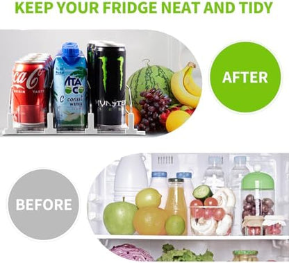 Coanto Drink Organizer for Fridge, Soda Can Organizer for Refrigerator with Automatic Pusher Glide, Adjustable Width Drink Dispenser for Fridge, Holds up to 15 Cans or Bottles, 3 Row