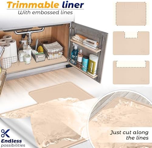The Original Under Sink Mat - Silicone Waterproof mat, Trimmable, Easy to Clean, Kitchen cabinet liner, Under sink protector mats, Drip Tray with Lip (Beige, 31" x 22") or smaller