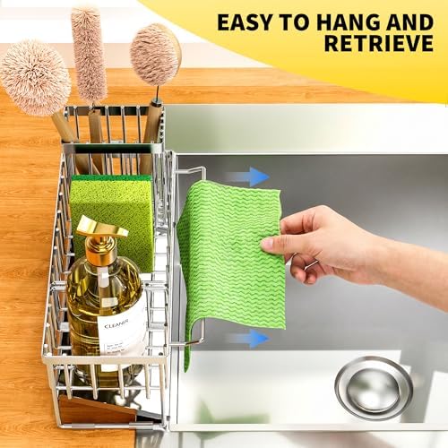 Cisily Kitchen Sink Caddy Organzier with High Brush Holder, Sponge Holder for Sink, 304 Rustproof Stainless, Kitchen Countertop Soap Dispenser Organizer (Silver With Towel Rack, 9.25″)