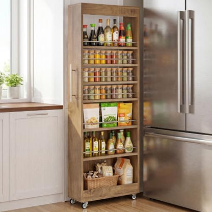 Tribesigns 73" Tall Slim Storage Cart on Rubber Wheels, 7-Tier Narrow Pantry Cabinet, Rolling Skinny Spice Rack Organizer Next to Fridge, Wooden Pull-Out Storage Shelf for Kitchen Small Spaces, Brown