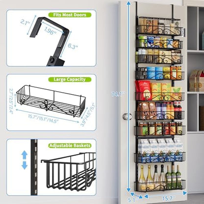 9-Tier Over Door Storage Rack, Heavy Duty Metal Hanging Organizer for Kitchen, Black