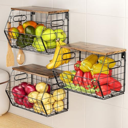 Delamu Stackable Metal Fruit Basket with Wood Lid 3 Pack, Hanging Wall Organizer for Kitchen Counter, Pantry Storage for Onions, Potatoes, Garli, Fruits, Spices, Black