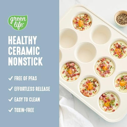 GreenLife 12-Cup Muffin Pan, PFAS-Free Healthy Nonstick Baking Tray, 11.4" x 1.9" x 15.9", Durable Ceramic Bakeware, Cupcakes, Egg Bites, Tarts, Brownies, Blue Haze
