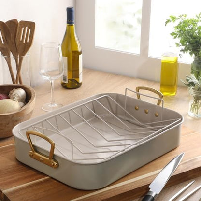 Gibson Home Broxton 2-Piece Nonstick Roaster Pan with Rack – 16 x 12 Inch Mint Green Turkey Roasting Pan with Cast Aluminum Gold Handles – Oven-Safe, Easy-Clean, Holiday Cookware
