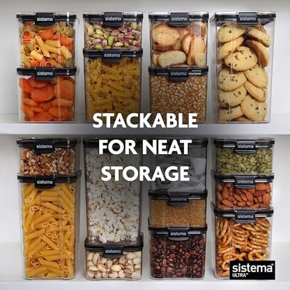 Sistema Tritan Ultra Airtight Pantry & Kitchen Storage Containers, 5-Pack, Clear Stackable Square Food Storage, BPA-Free, Dishwasher & Freezer-Safe (Microwave-Safe Without Lid)