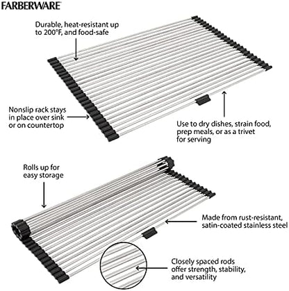 Farberware Dish Drying Rack Over the Sink, Large Stainless Steel Rolling Drying Rack for Kitchen Counter, Rust-Resistant Rods, Holds Up to 22 lbs, Dishwasher Safe